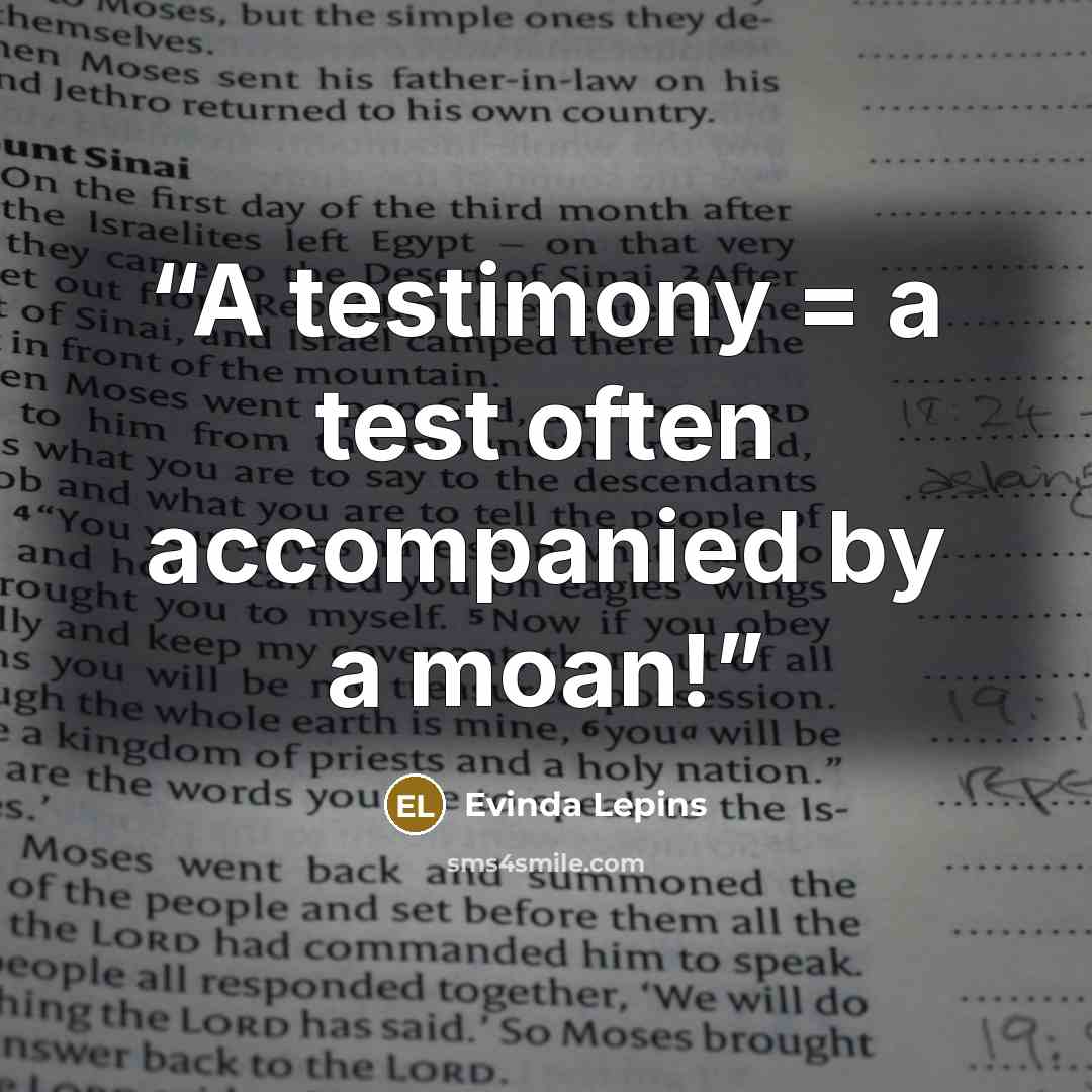 “A testimony = a test often accompanied by a moan!” quote by Evinda Lepins