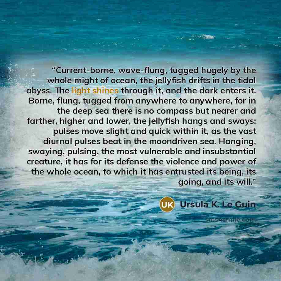 “Current-borne, wave-flung, tugged hugely by the whole might of ocean, the jellyfish drifts in the tidal abyss. The light shines through it, and the dark enters it. Borne, flung, tugged from anywhere to anywhere, for in the deep sea there is no compass but nearer and farther, higher and lower, the…” quote by Ursula K. Le Guin