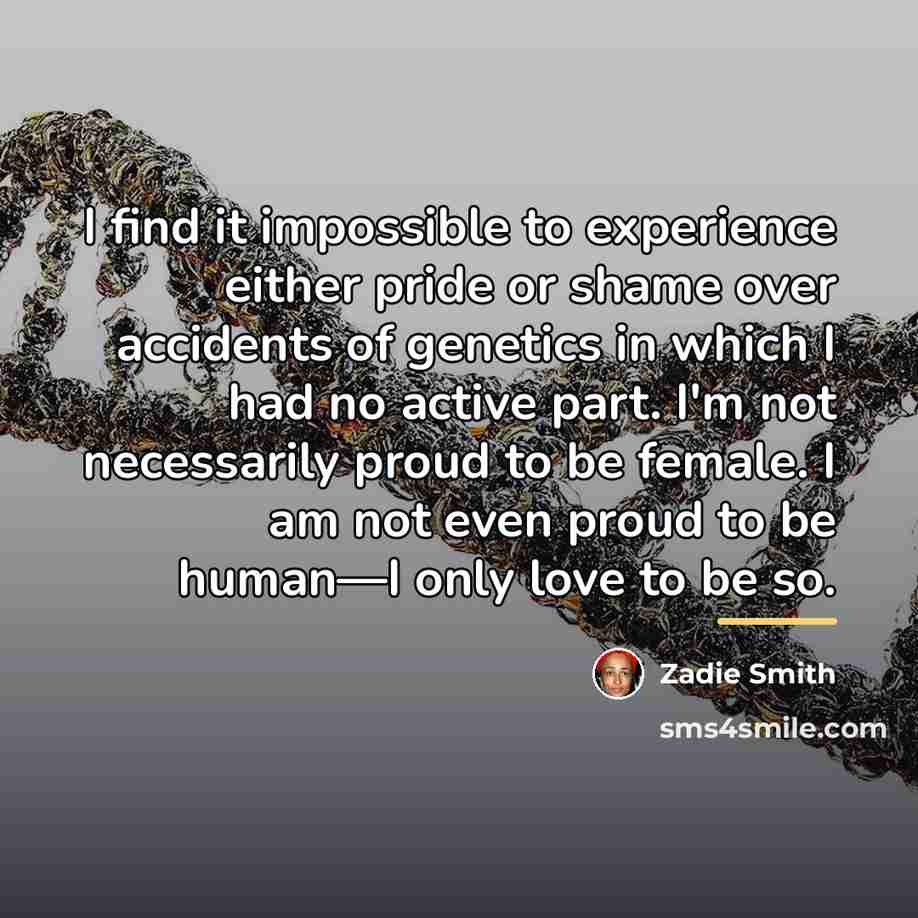 “I find it impossible to experience either pride or shame…” quote by Zadie Smith
