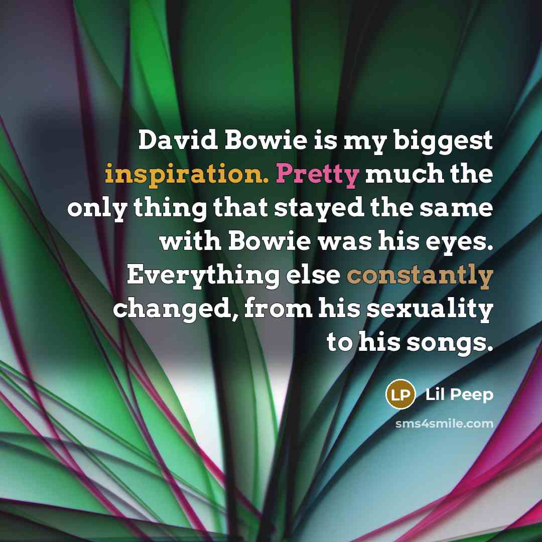 “David Bowie is my biggest inspiration. Pretty much the only thing that stayed the same with Bowie was his eyes. Everything else constantly changed, from his sexuality to his songs.” quote by Lil Peep