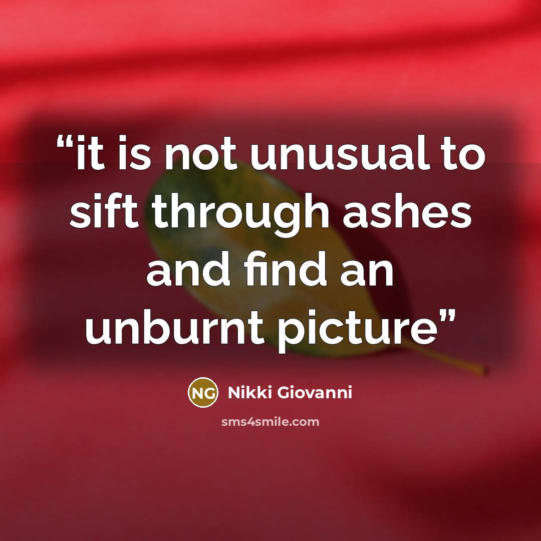 “it is not unusual to sift through ashes and find an unburnt picture” quote by Nikki Giovanni
