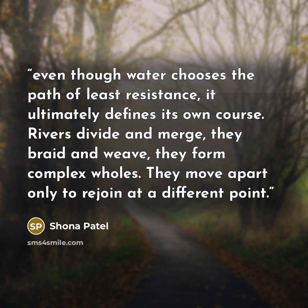 “even though water chooses the path of least resistance, it ultimately defines its own course. Rivers divide and merge, they braid and weave, they form complex wholes. They move apart only to rejoin at a different point.” quote by Shona Patel