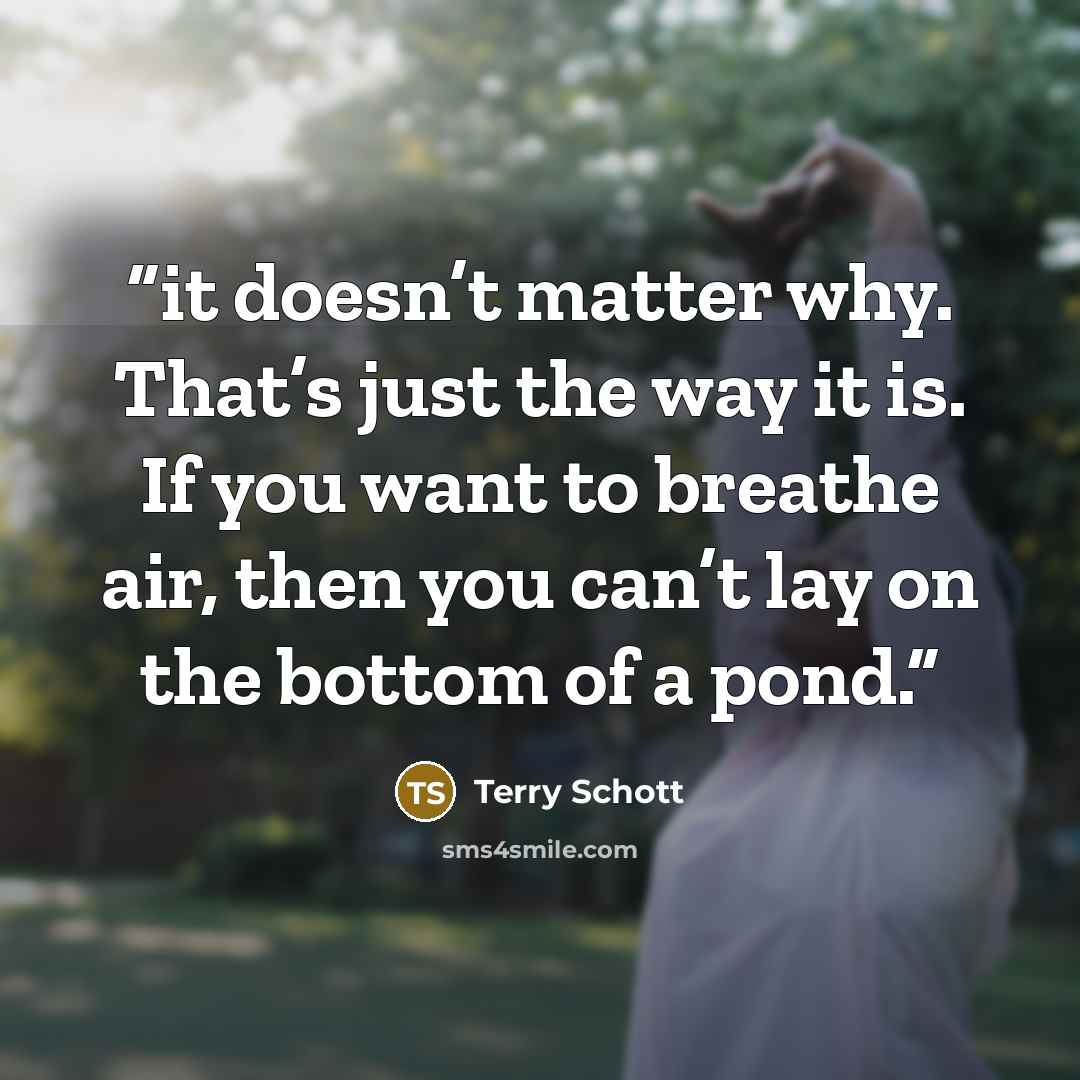 “it doesn’t matter why. That’s just the way it is. If you want to breathe air, then you can’t lay on the bottom of a pond.” quote by Terry Schott