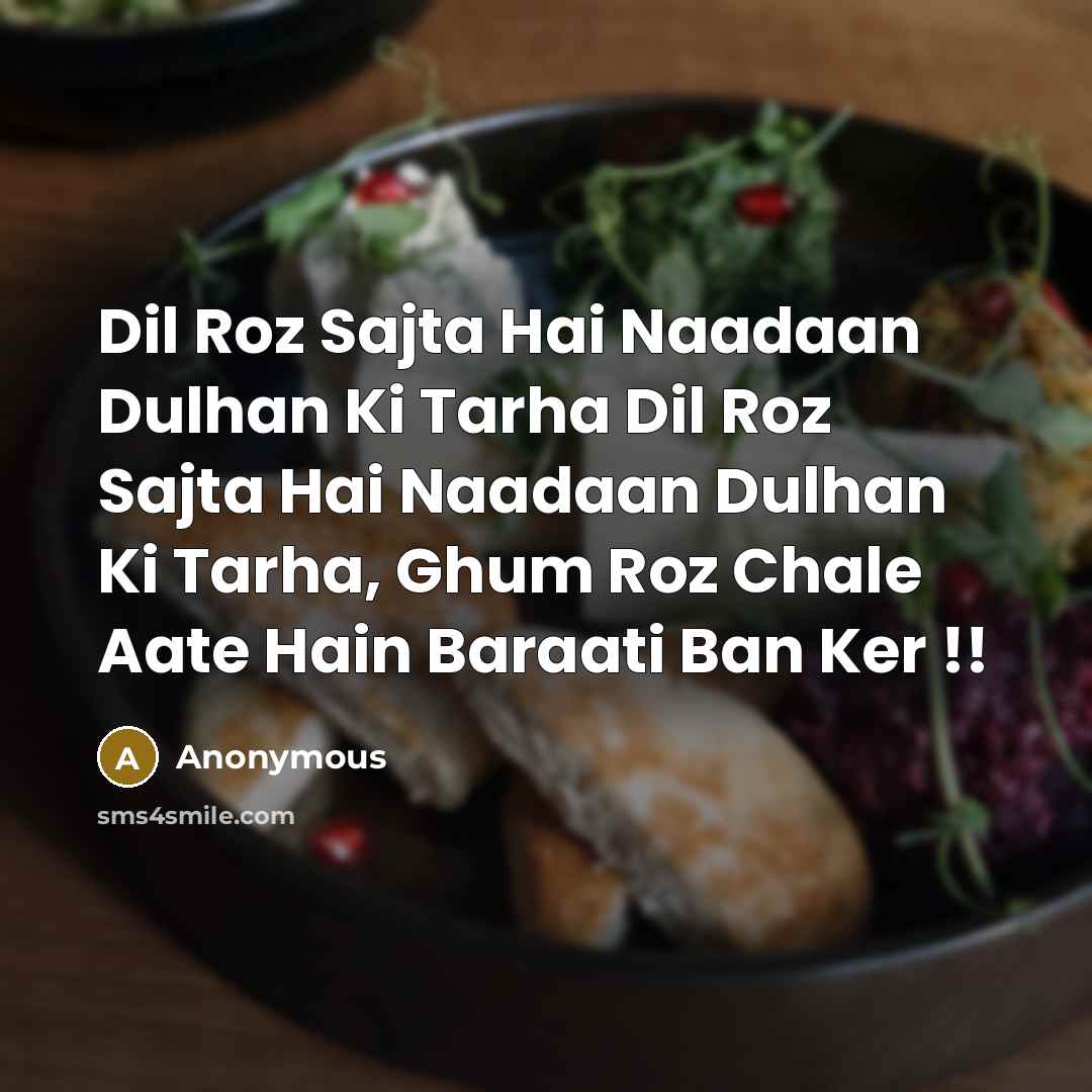 “Dil Roz Sajta Hai Naadaan Dulhan Ki Tarha Dil Roz Sajta Hai Naadaan Dulhan Ki Tarha, Ghum Roz Chale Aate Hain Baraati Ban Ker !!” quote by Anonymous