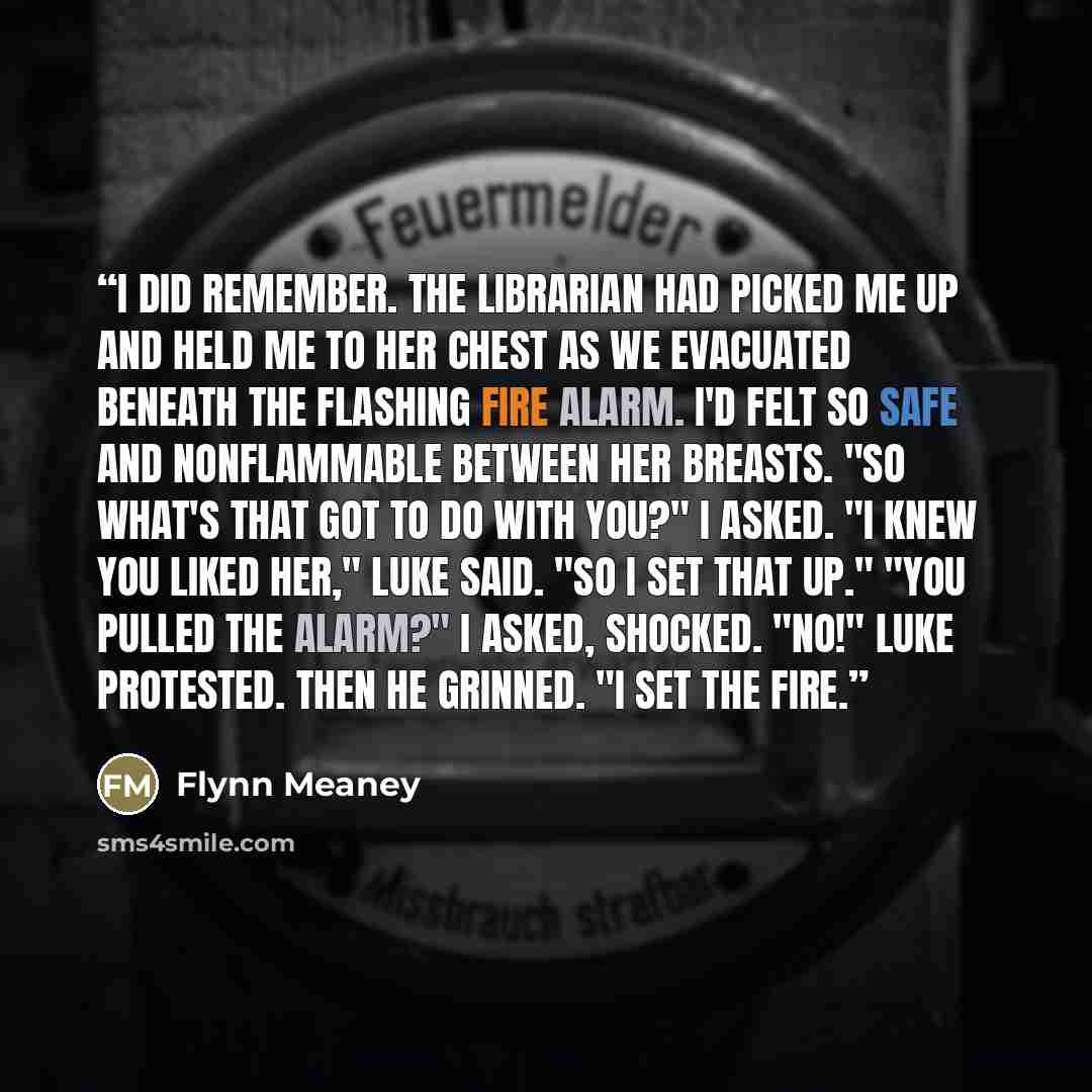 “I did remember. The librarian had picked me up and held me to her chest as we evacuated beneath the flashing fire alarm. I'd felt so safe and nonflammable between her breasts. "So what's that got to do with you?" I asked. "I knew you liked her," Luke said. "So I set that up." "You pulled the…” quote by Flynn Meaney
