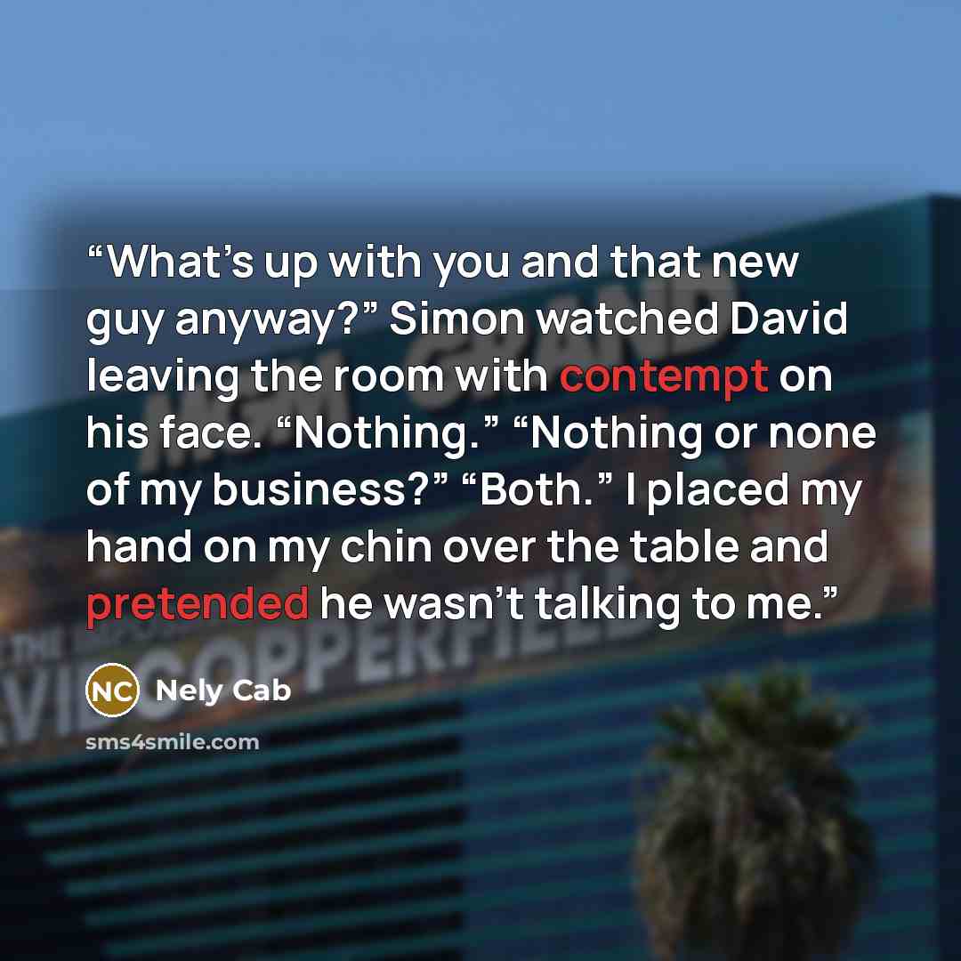 “What’s up with you and that new guy anyway?” Simon watched David leaving the room with contempt on his face. “Nothing.” “Nothing or none of my business?” “Both.” I placed my hand on my chin over the table and pretended he wasn’t talking to me.” quote by Nely Cab