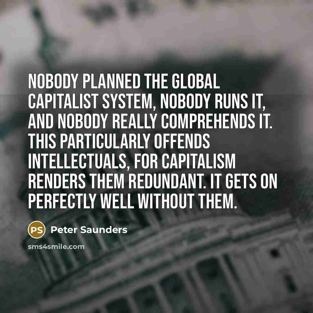 “Nobody planned the global capitalist system, nobody runs it, and…” quote by Peter Saunders