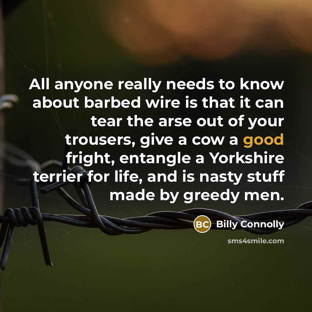 “All anyone really needs to know about barbed wire is that it can tear the arse out of your trousers, give a cow a good fright, entangle a Yorkshire terrier for life, and is nasty stuff made by greedy men.” quote by Billy Connolly