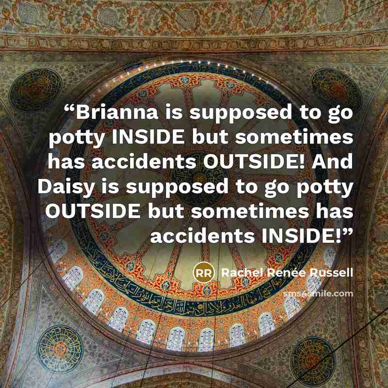 “Brianna is supposed to go potty INSIDE but sometimes has accidents OUTSIDE! And Daisy is supposed to go potty OUTSIDE but sometimes has accidents INSIDE!” quote by Rachel Renée Russell