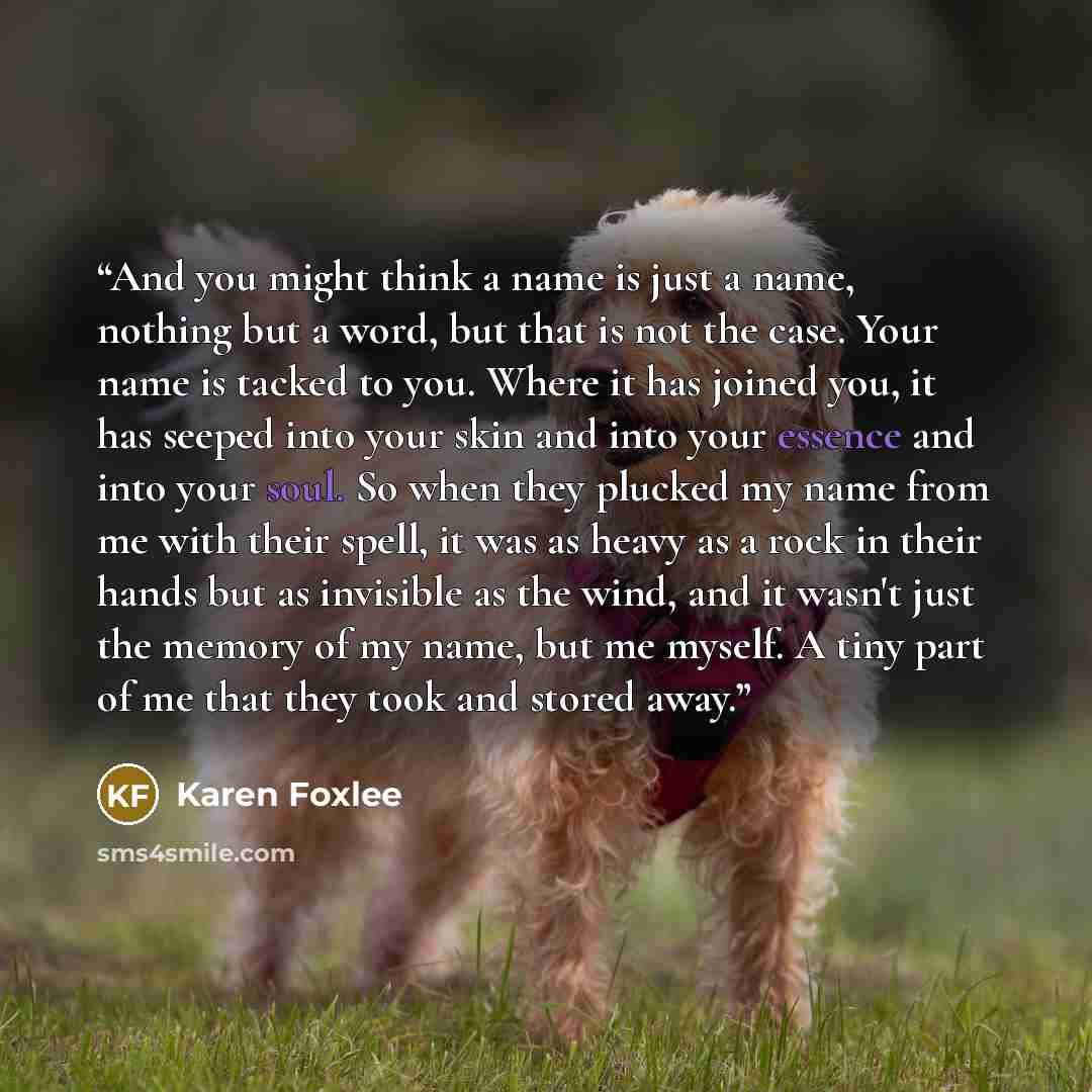 “And you might think a name is just a name, nothing but a word, but that is not the case. Your name is tacked to you. Where it has joined you, it has seeped into your skin and into your essence and into your soul. So when they plucked my name from me with their spell, it was as heavy as a rock in…” quote by Karen Foxlee