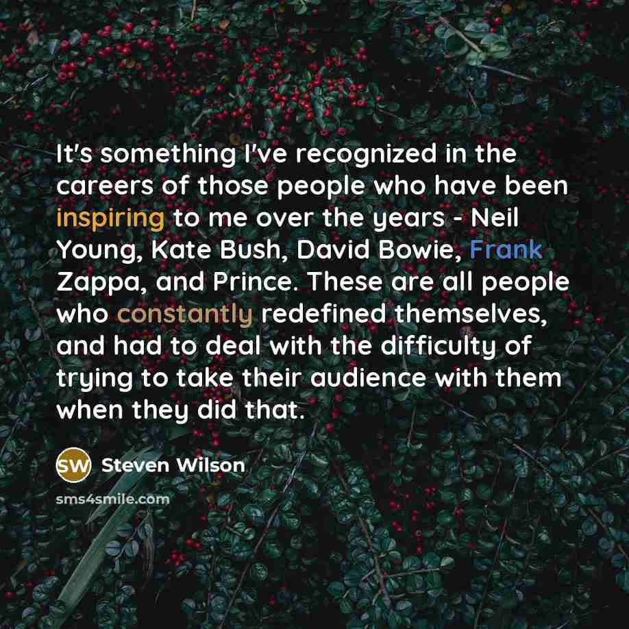 “It's something I've recognized in the careers of those people who have been inspiring to me over the years - Neil Young, Kate Bush, David Bowie, Frank Zappa, and Prince. These are all people who constantly redefined themselves, and had to deal with the difficulty of trying to take their audience…” quote by Steven Wilson