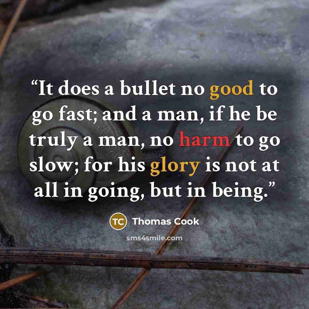 “It does a bullet no good to go fast; and a man, if he be truly a man, no harm to go slow; for his glory is not at all in going, but in being.” quote by Thomas Cook