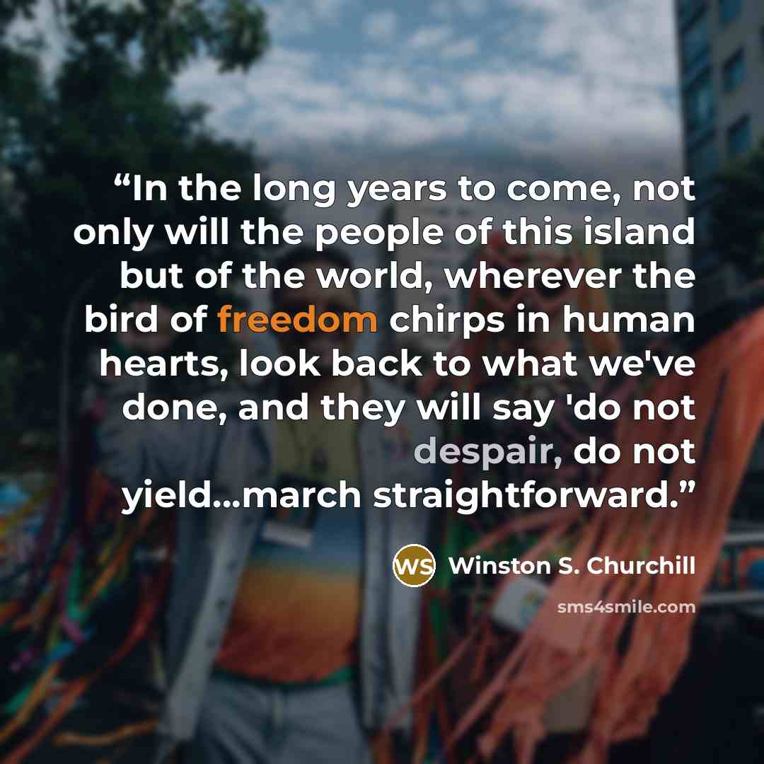 “In the long years to come, not only will the people of this island but of the world, wherever the bird of freedom chirps in human hearts, look back to what we've done, and they will say 'do not despair, do not yield...march straightforward.” quote by Winston S. Churchill