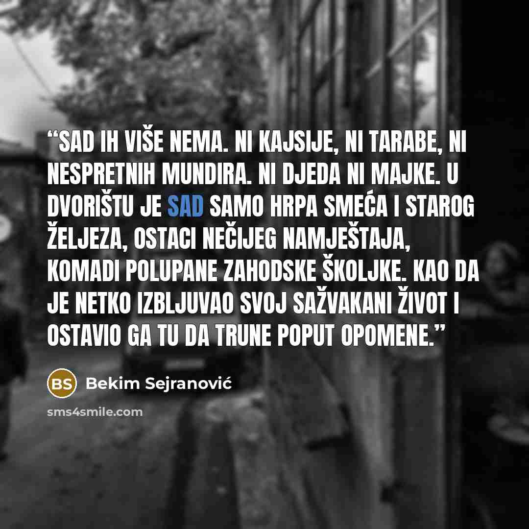 “Sad ih više nema. Ni kajsije, ni tarabe, ni nespretnih mundira. Ni djeda ni majke. U dvorištu je sad samo hrpa smeća i starog željeza, ostaci nečijeg namještaja, komadi polupane zahodske školjke. Kao da je netko izbljuvao svoj sažvakani život i ostavio ga tu da trune poput opomene.” quote by Bekim Sejranović