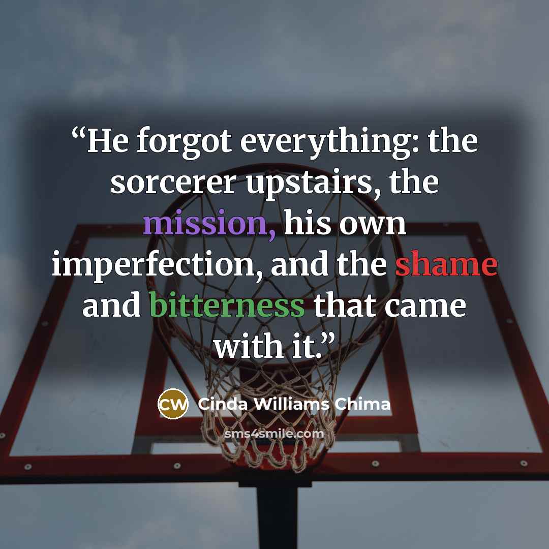 “He forgot everything: the sorcerer upstairs, the mission, his own imperfection, and the shame and bitterness that came with it.” quote by Cinda Williams Chima