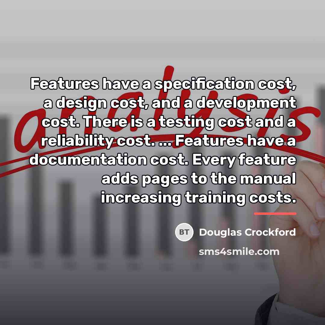 “Features have a specification cost, a design cost, and a…” quote by Douglas Crockford