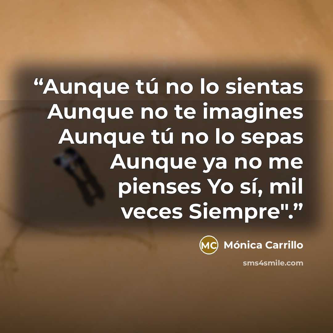 “Aunque tú no lo sientas Aunque no te imagines Aunque tú no lo sepas Aunque ya no me pienses Yo sí, mil veces Siempre".” quote by Mónica Carrillo