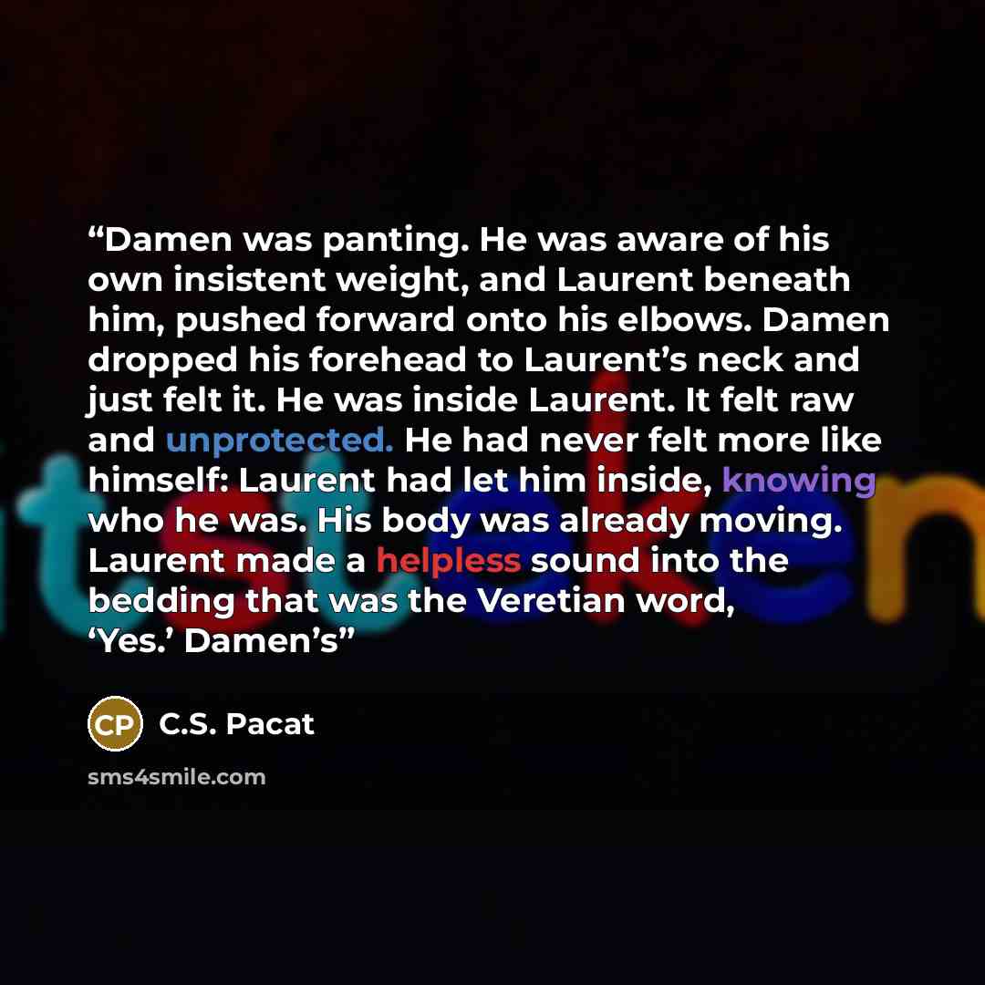 “Damen was panting. He was aware of his own insistent weight, and Laurent beneath him, pushed forward onto his elbows. Damen dropped his forehead to Laurent’s neck and just felt it. He was inside Laurent. It felt raw and unprotected. He had never felt more like himself: Laurent had let him inside…” quote by C.S. Pacat