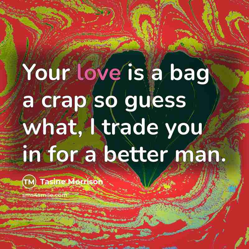 “Your love is a bag a crap so guess what, I trade you in for a better man.” quote by Tasine Morrison
