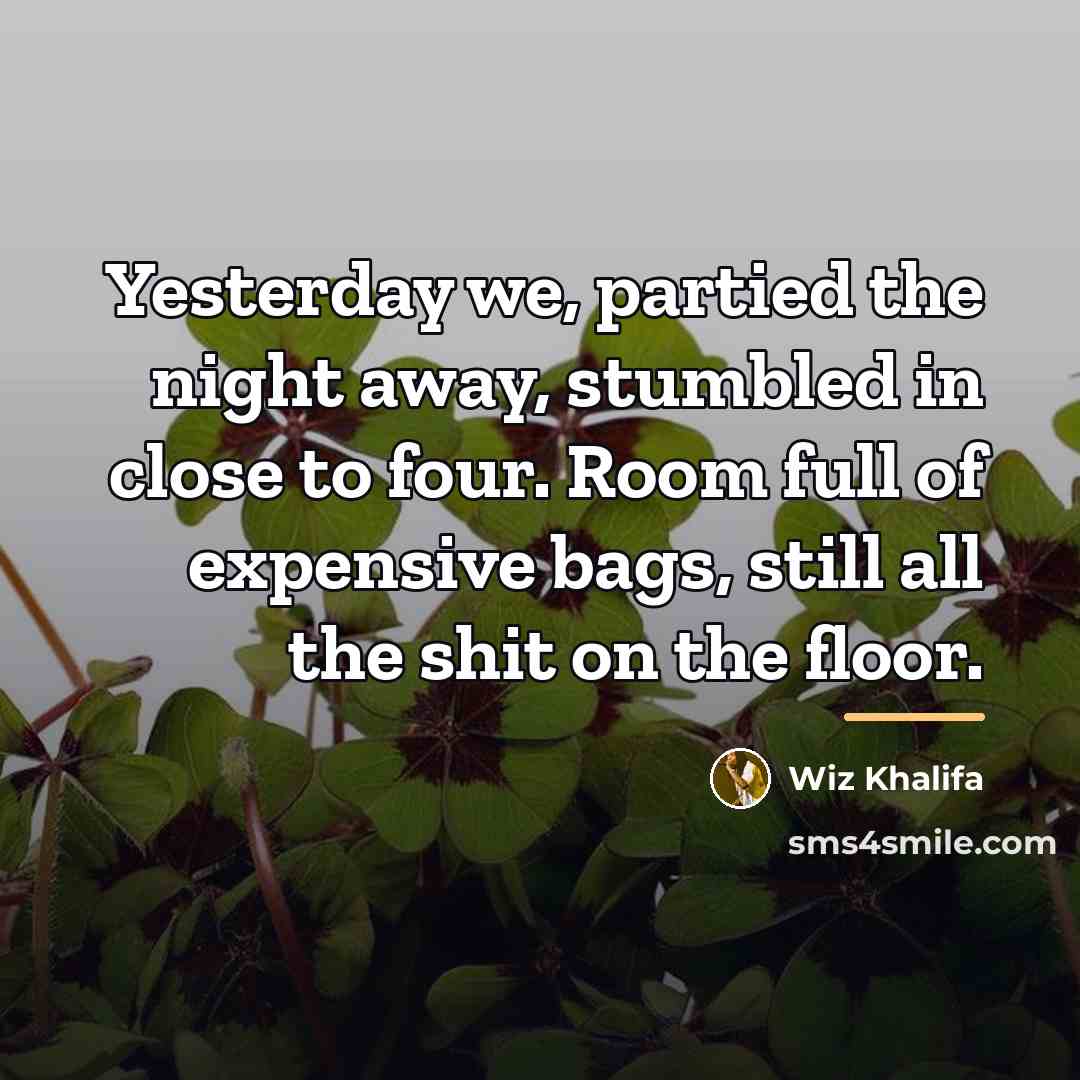 “Yesterday we, partied the night away, stumbled in close to…” quote by Wiz Khalifa