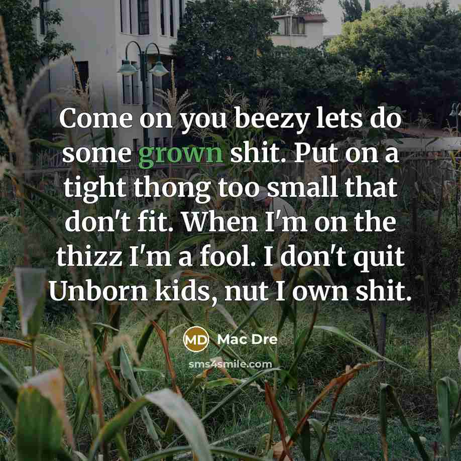 “Come on you beezy lets do some grown shit. Put on a tight thong too small that don't fit. When I'm on the thizz I'm a fool. I don't quit Unborn kids, nut I own shit.” quote by Mac Dre