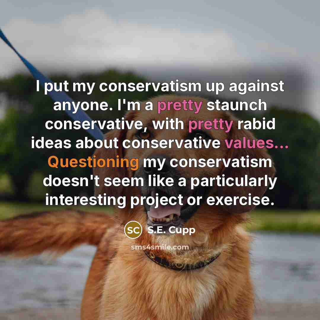 “I put my conservatism up against anyone. I'm a pretty staunch conservative, with pretty rabid ideas about conservative values... Questioning my conservatism doesn't seem like a particularly interesting project or exercise.” quote by S.E. Cupp