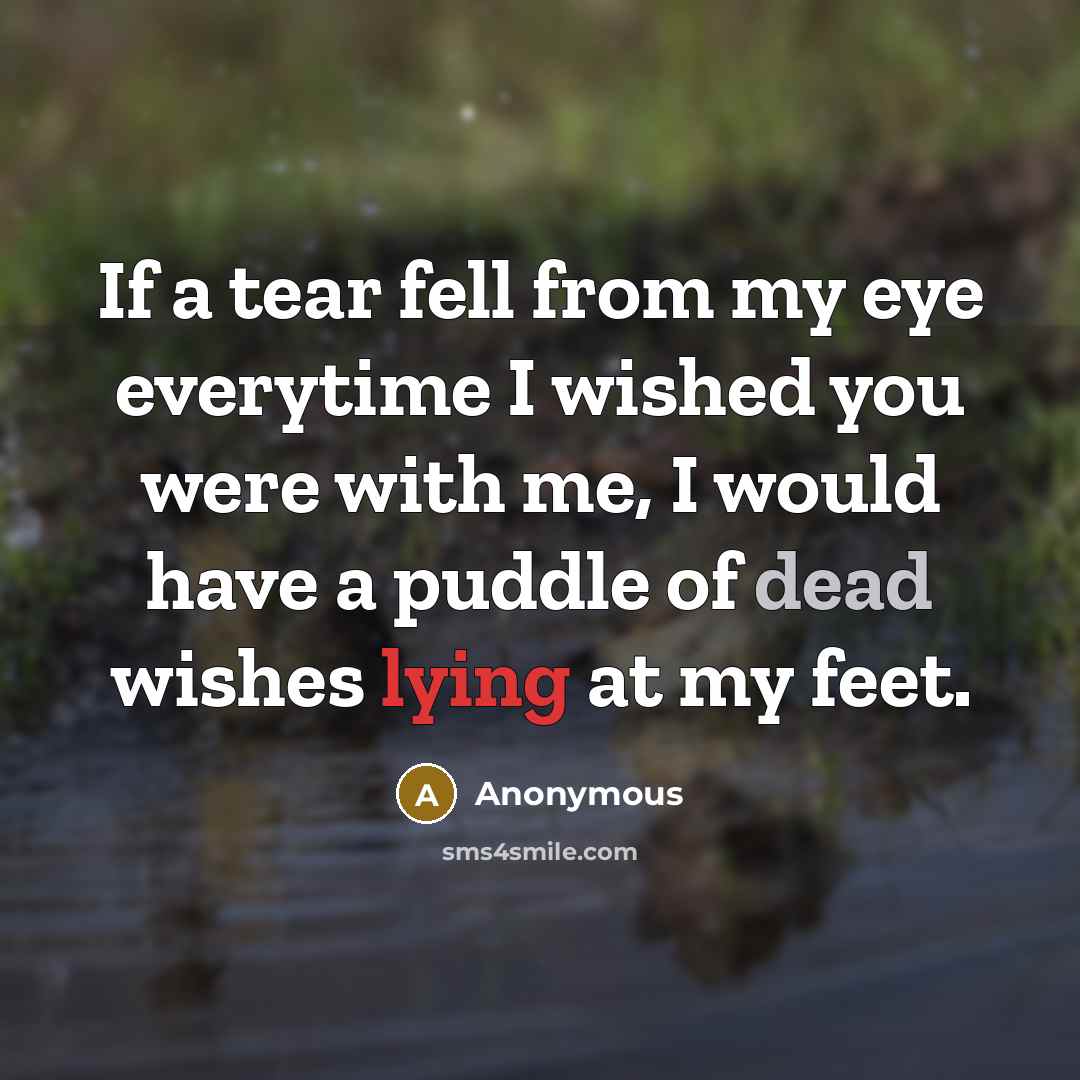 “If a tear fell from my eye everytime I wished you were with me, I would have a puddle of dead wishes lying at my feet.” quote by Anonymous