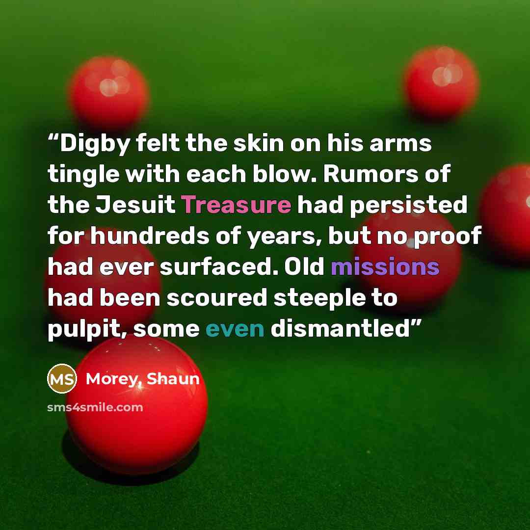 “Digby felt the skin on his arms tingle with each blow. Rumors of the Jesuit Treasure had persisted for hundreds of years, but no proof had ever surfaced. Old missions had been scoured steeple to pulpit, some even dismantled” quote by Morey, Shaun