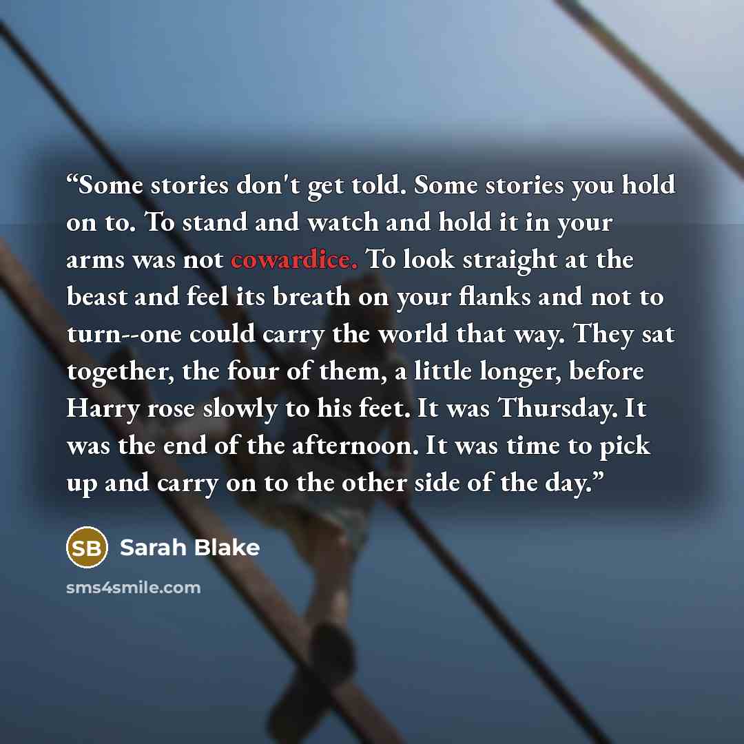 “Some stories don't get told. Some stories you hold on to. To stand and watch and hold it in your arms was not cowardice. To look straight at the beast and feel its breath on your flanks and not to turn--one could carry the world that way. They sat together, the four of them, a little longer…” quote by Sarah Blake