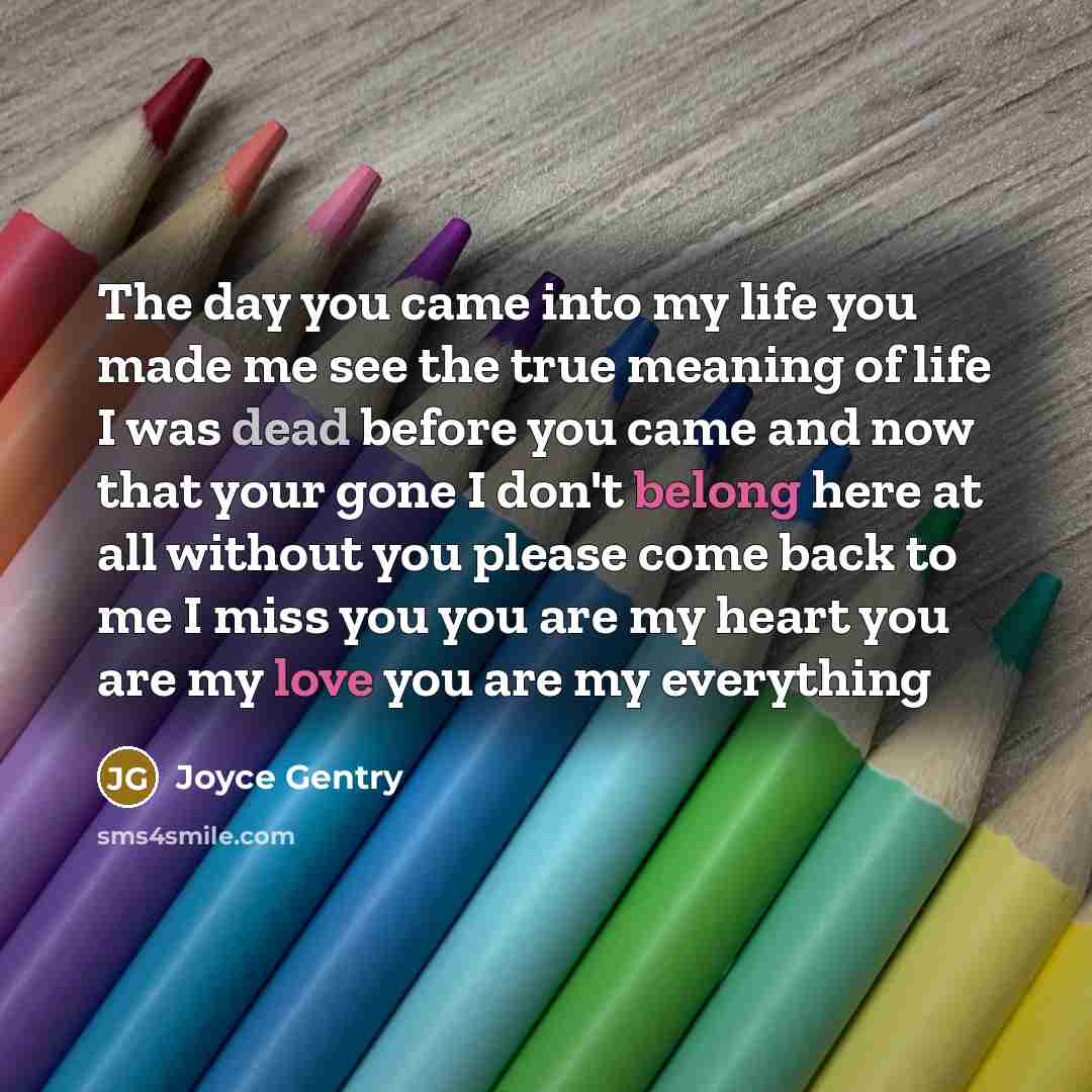 “The day you came into my life you made me see the true meaning of life I was dead before you came and now that your gone I don't belong here at all without you please come back to me I miss you you are my heart you are my love you are my everything” quote by Joyce Gentry