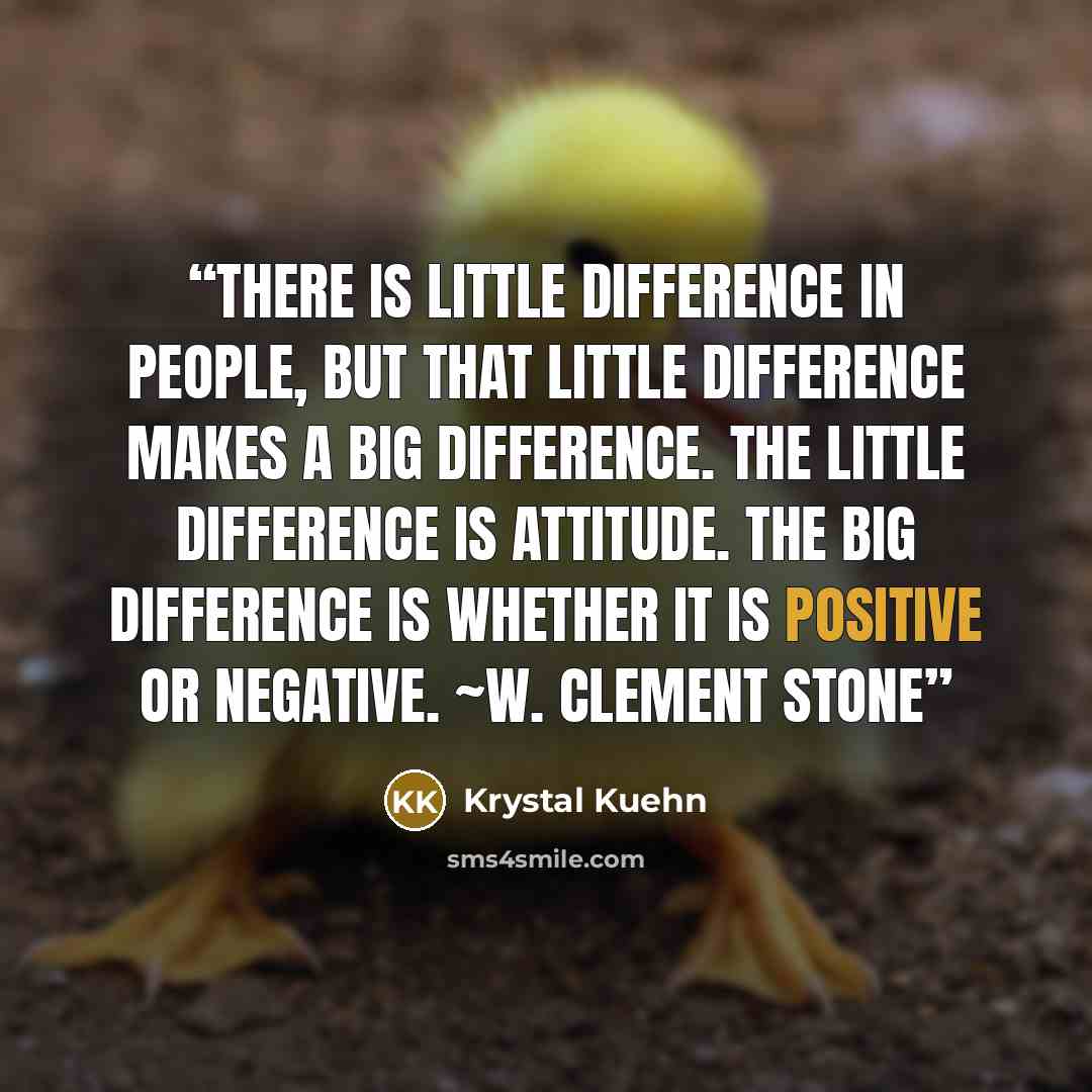 “There is little difference in people, but that little difference makes a big difference. The little difference is attitude. The big difference is whether it is positive or negative. ~W. Clement Stone” quote by Krystal Kuehn