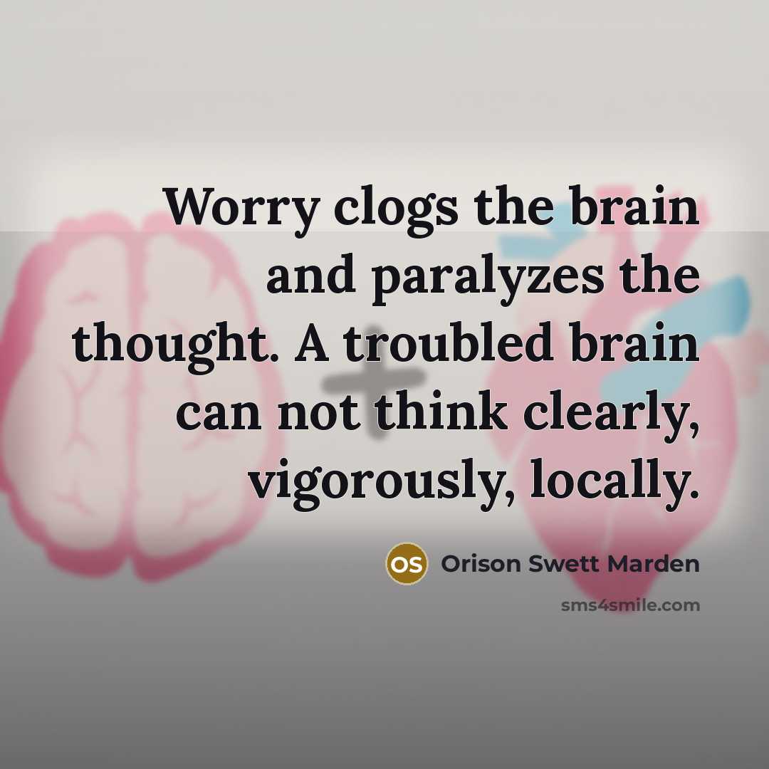 “Worry clogs the brain and paralyzes the thought. A troubled…” quote by Orison Swett Marden