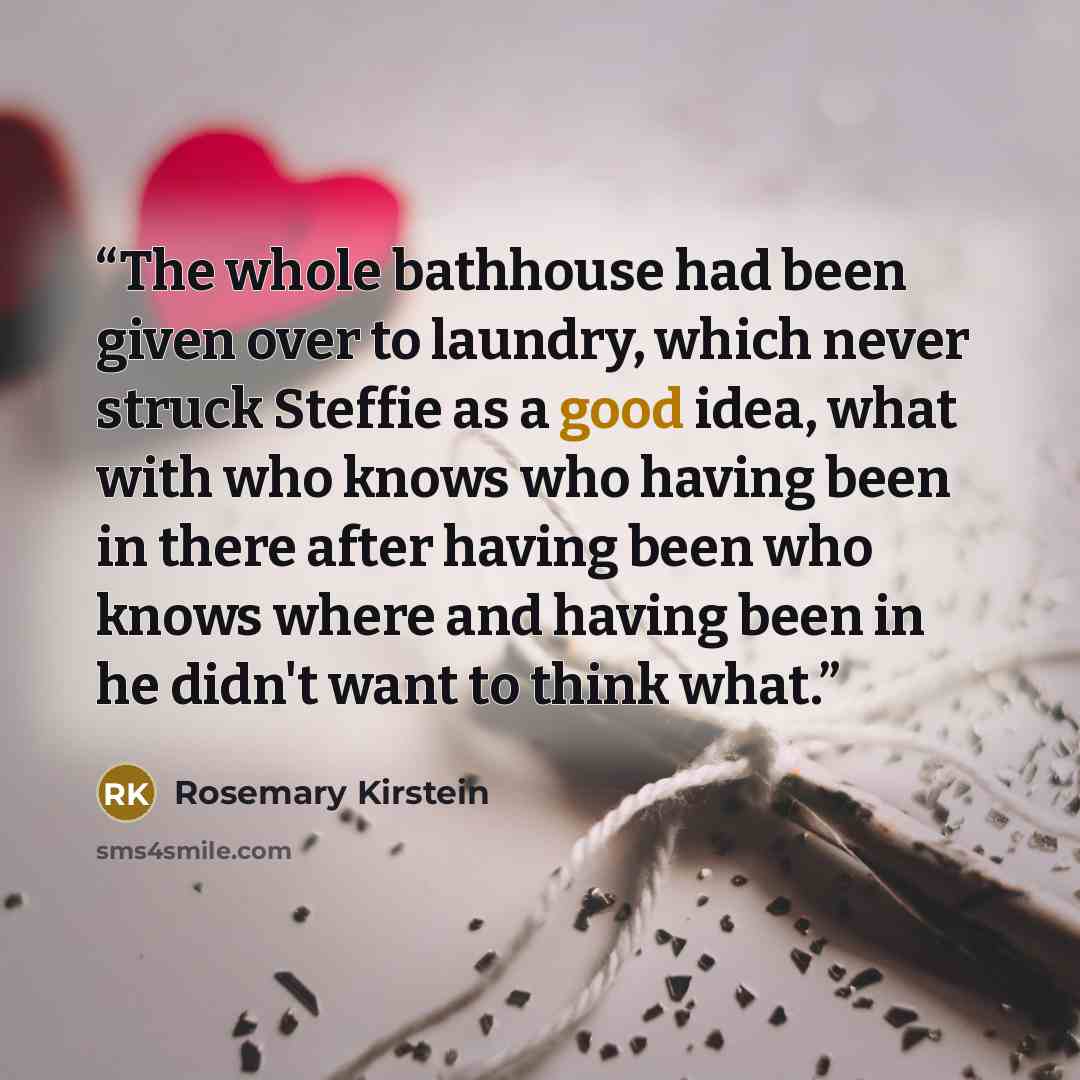 “The whole bathhouse had been given over to laundry, which never struck Steffie as a good idea, what with who knows who having been in there after having been who knows where and having been in he didn't want to think what.” quote by Rosemary Kirstein