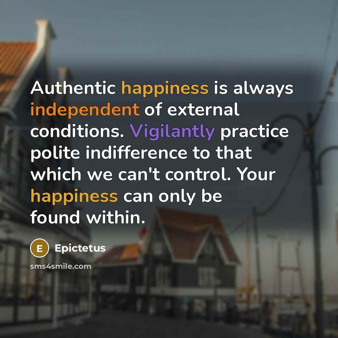 “Authentic happiness is always independent of external conditions. Vigilantly practice polite indifference to that which we can't control. Your happiness can only be found within.” quote by Epictetus