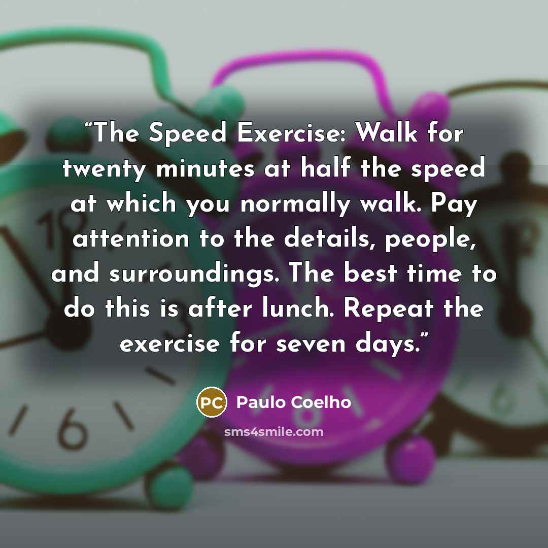 “The Speed Exercise: Walk for twenty minutes at half the speed at which you normally walk. Pay attention to the details, people, and surroundings. The best time to do this is after lunch. Repeat the exercise for seven days.” quote by Paulo Coelho
