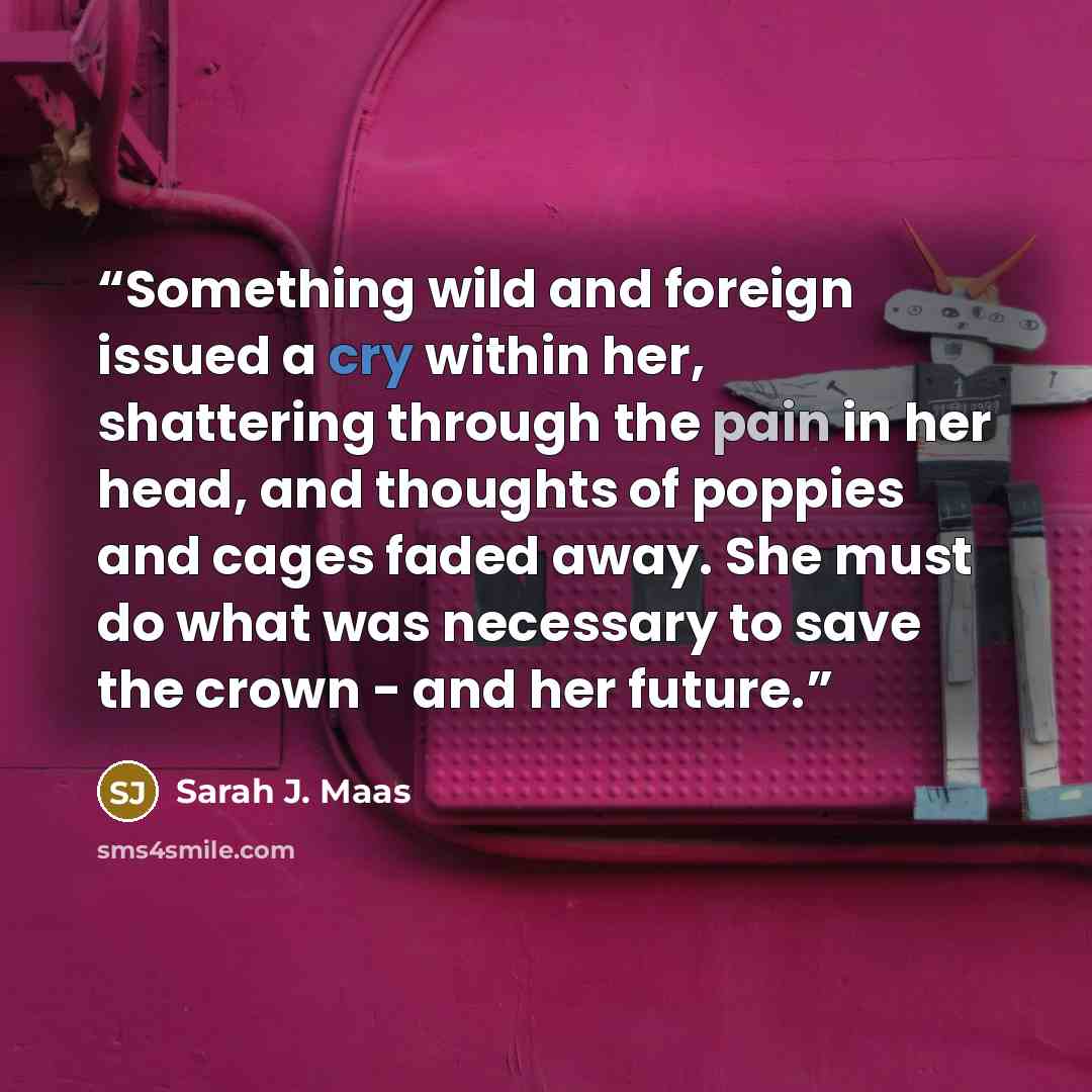 “Something wild and foreign issued a cry within her, shattering through the pain in her head, and thoughts of poppies and cages faded away. She must do what was necessary to save the crown - and her future.” quote by Sarah J. Maas