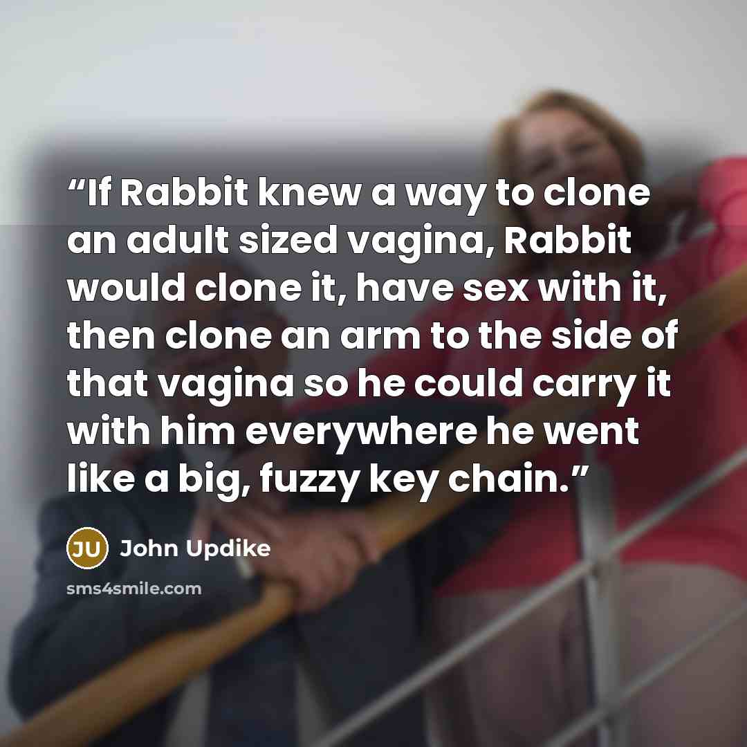 “If Rabbit knew a way to clone an adult sized vagina, Rabbit would clone it, have sex with it, then clone an arm to the side of that vagina so he could carry it with him everywhere he went like a big, fuzzy key chain.” quote by John Updike
