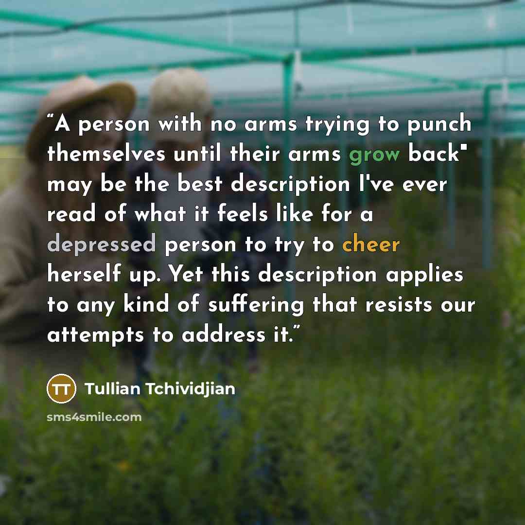 “A person with no arms trying to punch themselves until their arms grow back" may be the best description I've ever read of what it feels like for a depressed person to try to cheer herself up. Yet this description applies to any kind of suffering that resists our attempts to address it.” quote by Tullian Tchividjian
