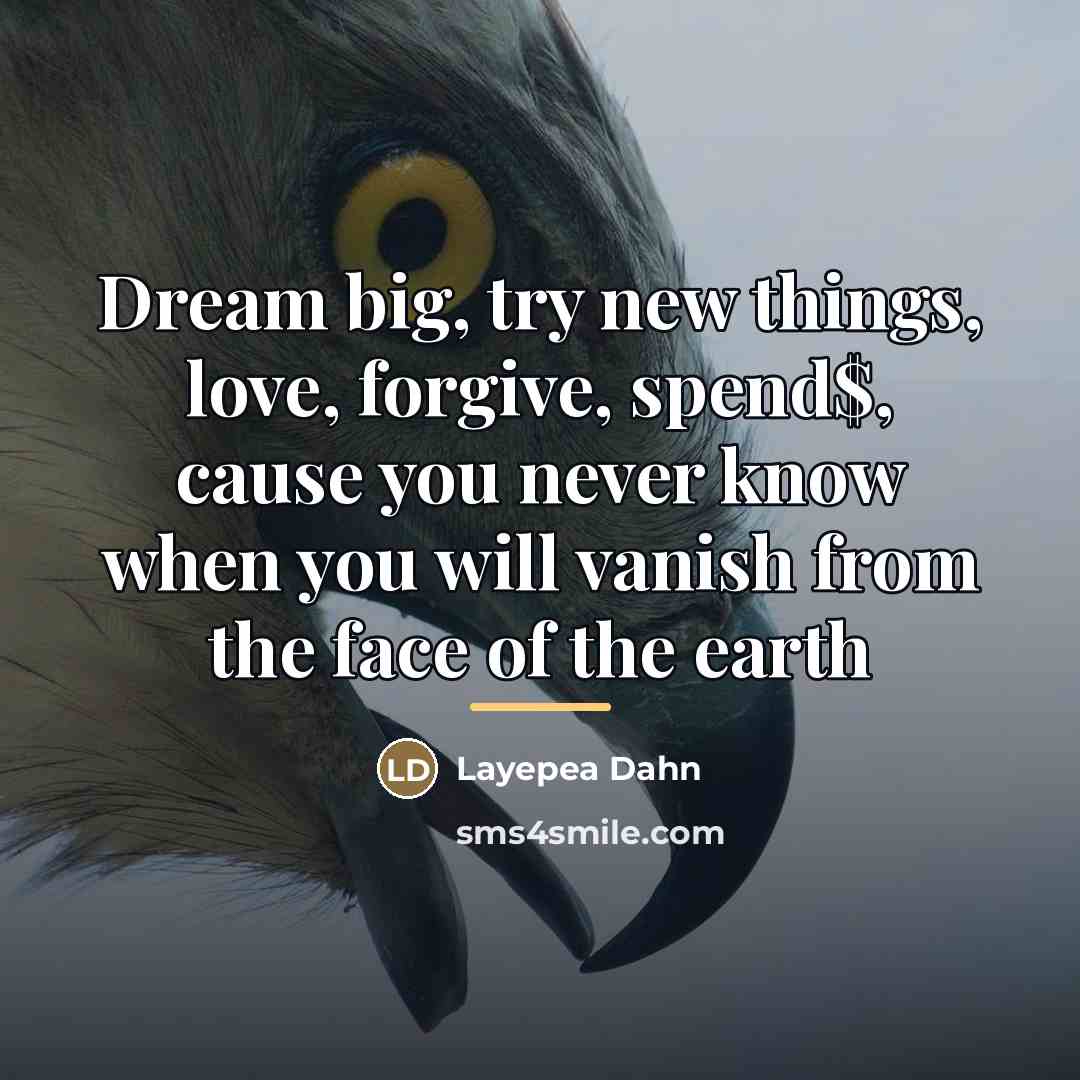 “Dream big, try new things, love, forgive, spend$, cause you…” quote by Layepea Dahn