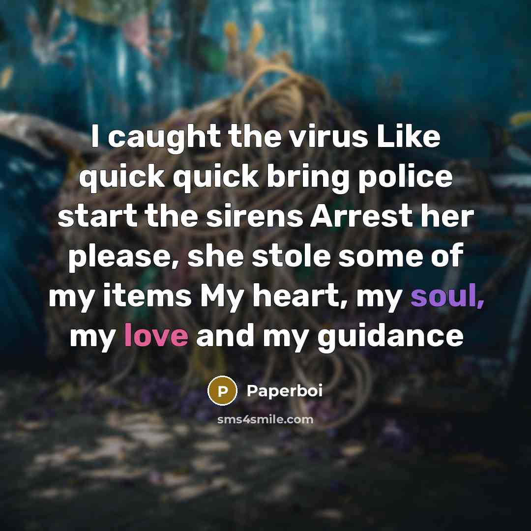 “I caught the virus Like quick quick bring police start the sirens Arrest her please, she stole some of my items My heart, my soul, my love and my guidance” quote by Paperboi