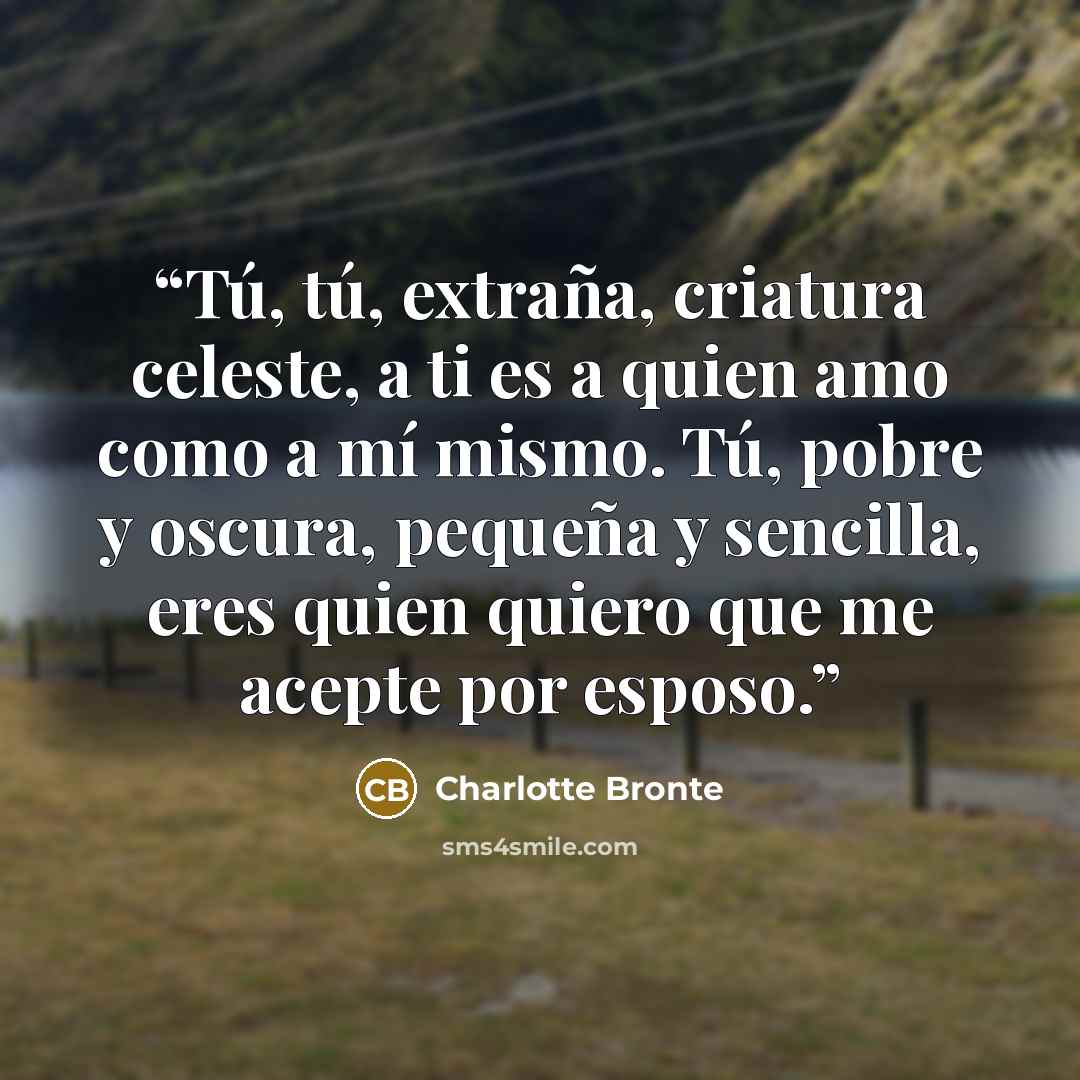 “Tú, tú, extraña, criatura celeste, a ti es a quien amo como a mí mismo. Tú, pobre y oscura, pequeña y sencilla, eres quien quiero que me acepte por esposo.” quote by Charlotte Brontë