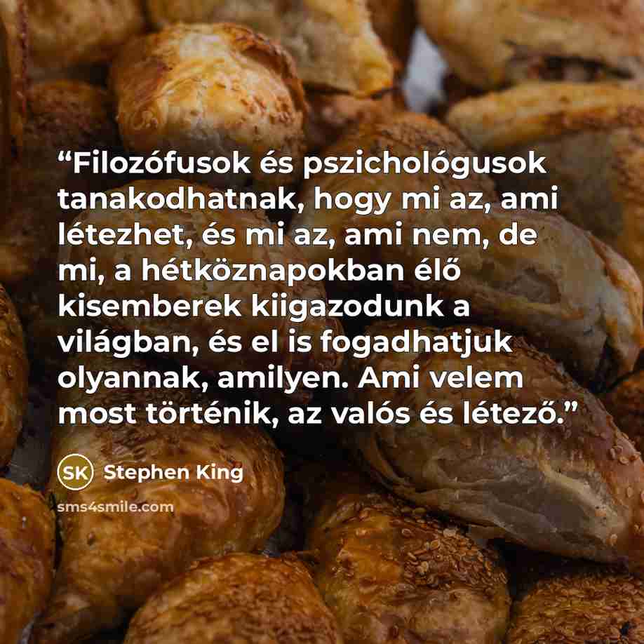 “Filozófusok és pszichológusok tanakodhatnak, hogy mi az, ami létezhet, és mi az, ami nem, de mi, a hétköznapokban élő kisemberek kiigazodunk a világban, és el is fogadhatjuk olyannak, amilyen. Ami velem most történik, az valós és létező.” quote by Stephen King