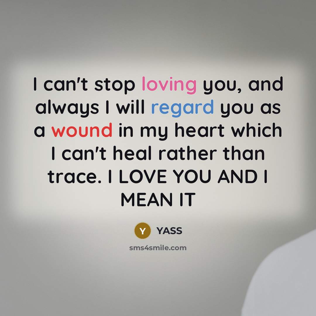 “I can't stop loving you, and always I will regard you as a wound in my heart which I can't heal rather than trace. I LOVE YOU AND I MEAN IT” quote by Yass