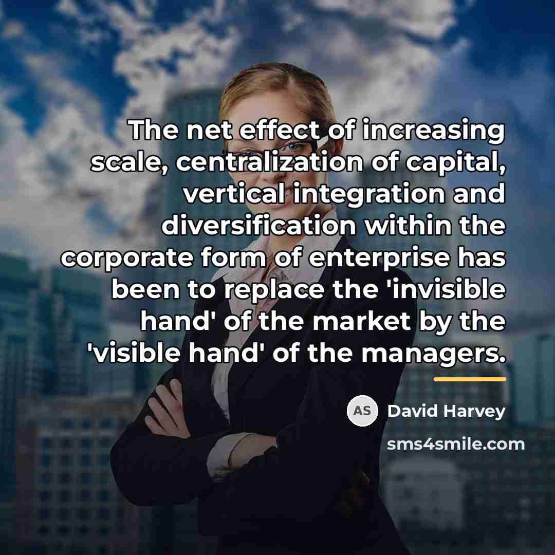 “The net effect of increasing scale, centralization of capital, vertical…” quote by David Harvey