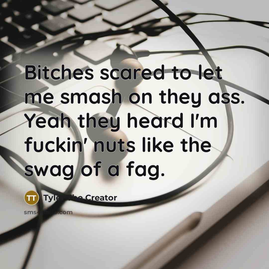 “Bitches scared to let me smash on they ass. Yeah they heard I'm fuckin' nuts like the swag of a fag.” quote by Tyler The Creator