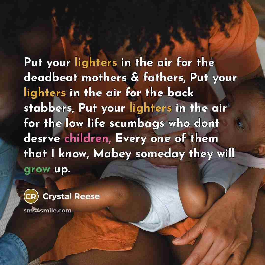 “Put your lighters in the air for the deadbeat mothers…” quote by Crystal Reese