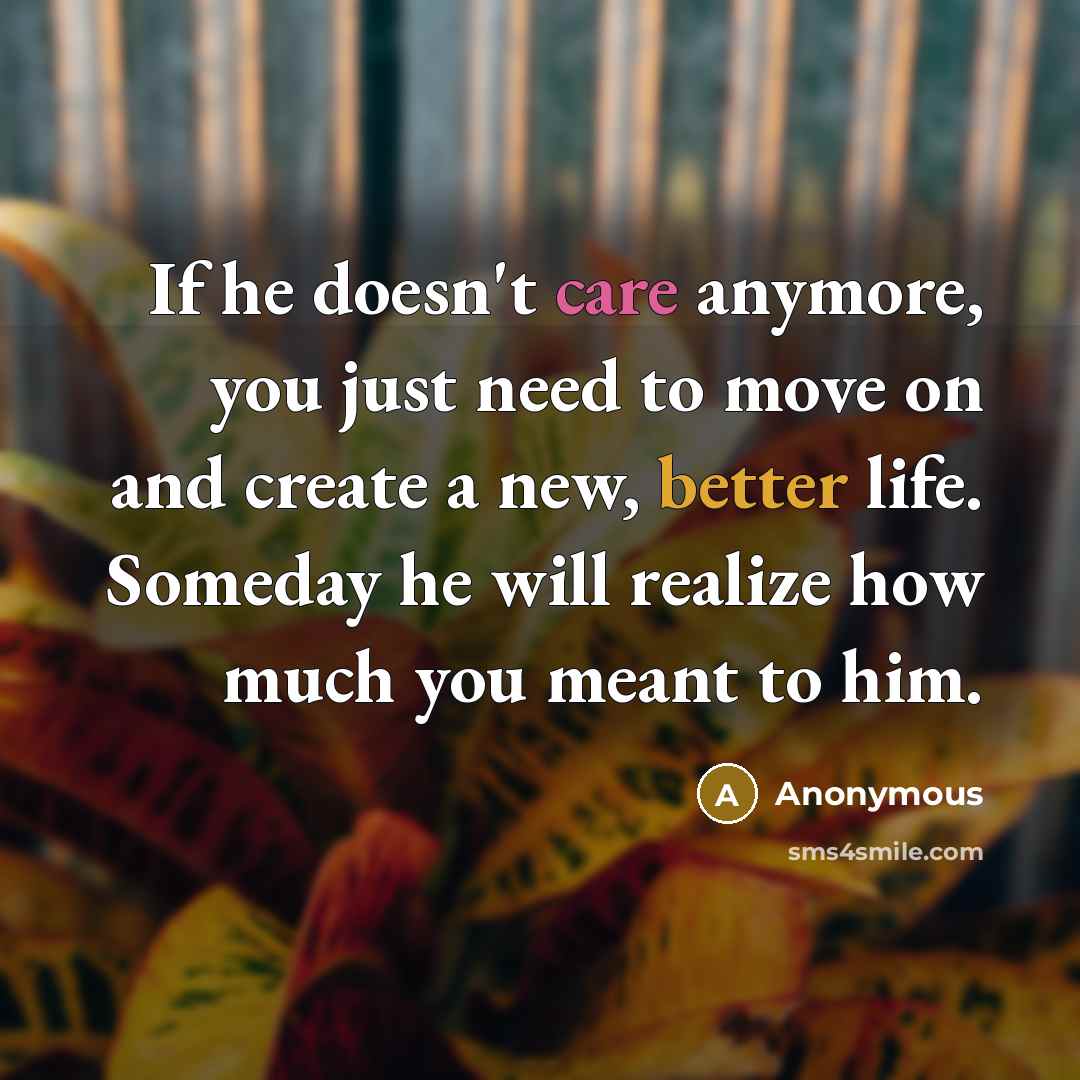 “If he doesn't care anymore, you just need to move on and create a new, better life. Someday he will realize how much you meant to him.” quote by Anonymous