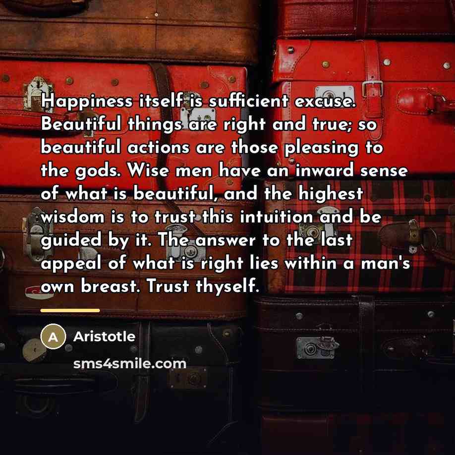 “Happiness itself is sufficient excuse. Beautiful things are right and…” quote by Aristotle