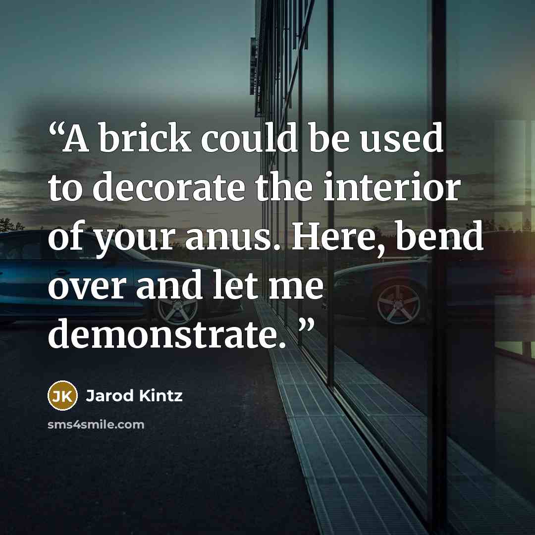 “A brick could be used to decorate the interior of your anus. Here, bend over and let me demonstrate.” quote by Jarod Kintz