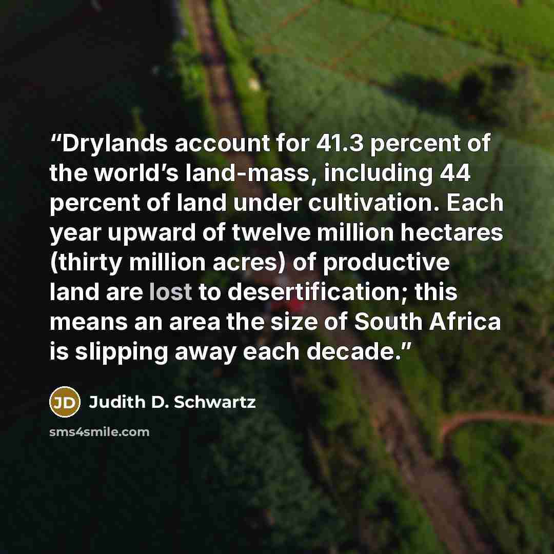 “Drylands account for 41.3 percent of the world’s land-mass, including 44 percent of land under cultivation. Each year upward of twelve million hectares (thirty million acres) of productive land are lost to desertification; this means an area the size of South Africa is slipping away each decade.” quote by Judith D. Schwartz